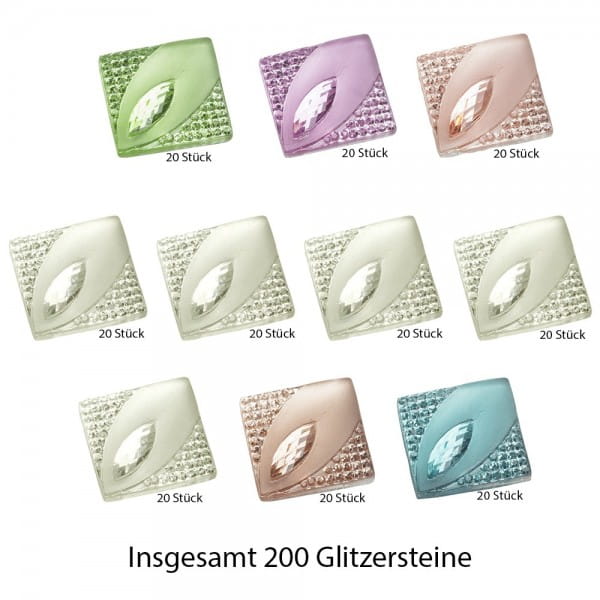 Glitzersteine, Eleganz, quadratisch, 15mm, verschiedene Farben, 10 Beutel