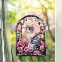 Diamond-Painting-Fensterbild, Glaskunst-Optik XL, Katze mit Rosen, 24,7cm x 35,6cm, 500µ