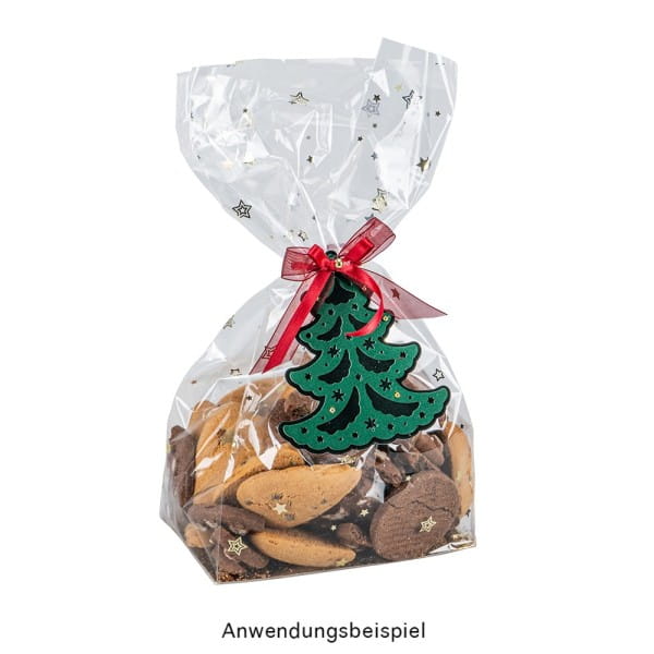Blockbodenbeutel, Sterne, 14cm x 9cm, 30cm hoch, goldener Foliendruck & Einlegeboden, 30 Stück