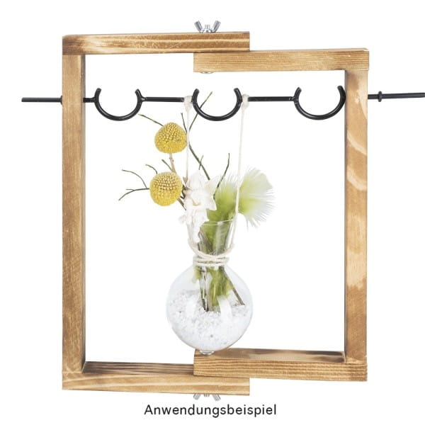 Glas-Vasen im Holzständer, 3 Glas-Vasen: Ø 6,5cm, 10cm hoch, Holzständer: 27cm breit