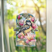 Diamond-Painting-Fensterbild, Glaskunst-Optik XL, Kohlmeise mit Magnolien, 26,8cm x 35,6cm, 500µ