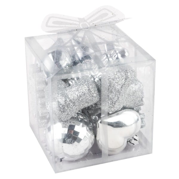 Baumschmuck, Vielfalt 2, versch. Designs & Größen, teilweise zum Aufhängen, silber, 12 Stück