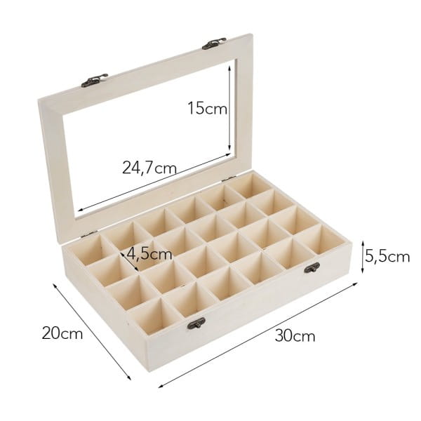 Box aus Holz, mit Sichtfenster und 24 Fächern, 30 cm x 20cm x 5,5cm | Sonstige | Geschenktaschen & Boxen | Deko- & Geschenkartikel