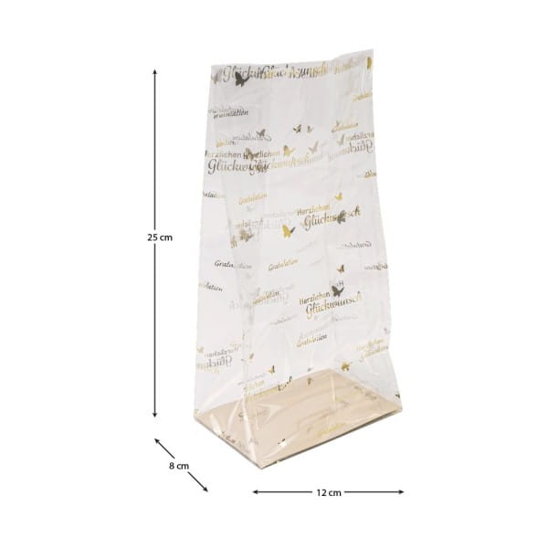 Blockbodenbeutel, Gratulation, 12cm x 8cm, 25cm hoch, mit Goldfoliendruck, 30 Stück