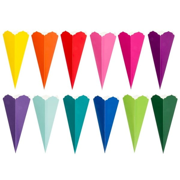Schultüten, Zierkante, 14cm hoch, Ø 6cm, Deko-Karton, verschiedene Farben, 12 Stück