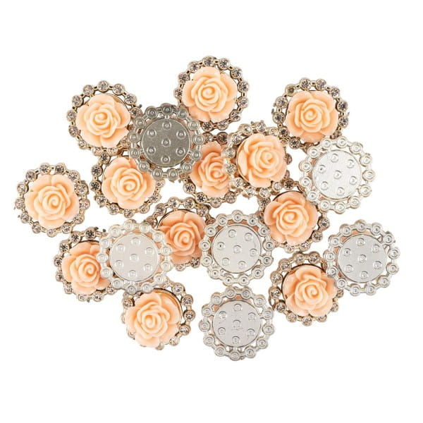 Premium-Schmucksteine, Rosenblüte 2, Ø 2cm, hellgold, mit Blüte in Lachs & Glaskristallen, 17 Stück
