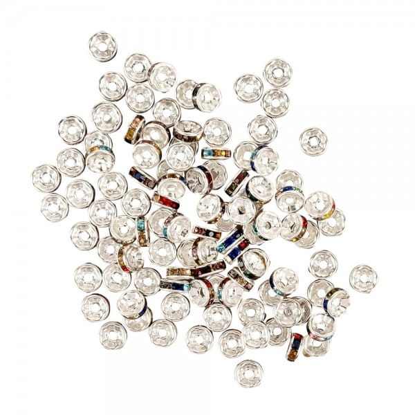 Strass-Rondelle, multicolor, Ø 7mm, mit 6 farbigen Strasssteinen, 100 Stück