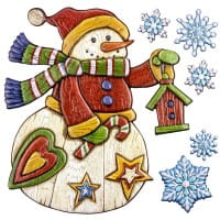 Relief-Sticker in Holzoptik, Schneemann mit Vogelhäuschen, 18cm x 17,5cm