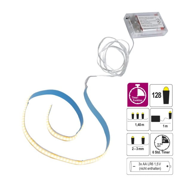 LED-Lichterband, selbstklebend, warmweiß, mit Timer, 128er, 1,40m lang