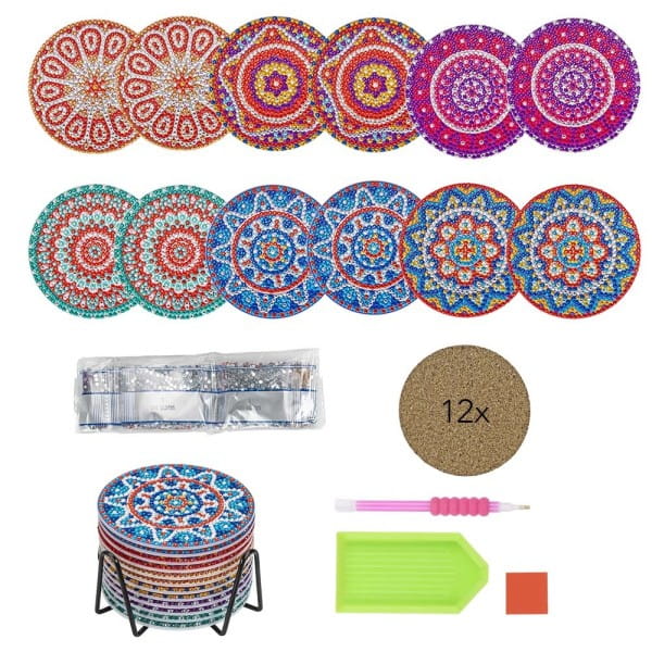 Diamond-Painting-Untersetzer, Mandala 2, inkl. Werkzeug & Zubehör, 12 Stück