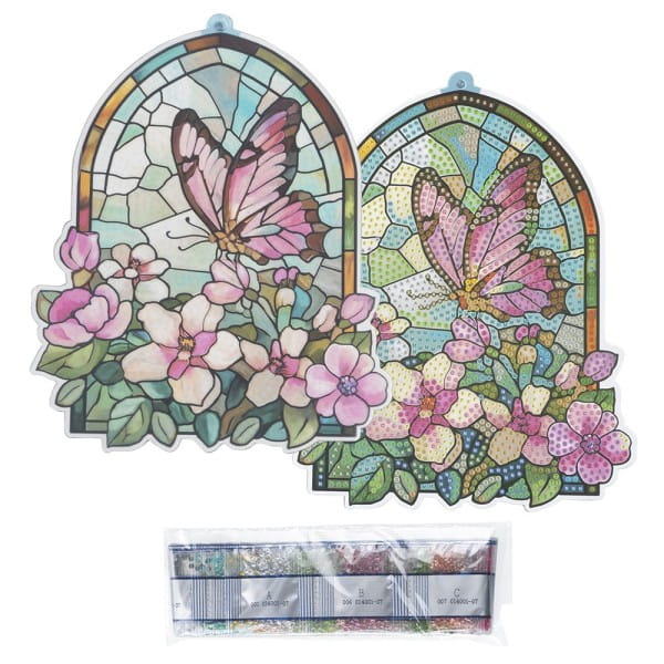 Diamond-Painting-Fensterbild, Glaskunst-Optik, Schmetterling mit Blüten, 20,1cm x 16,4cm