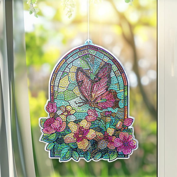 Diamond-Painting-Fensterbild, Glaskunst-Optik, Schmetterling mit Blüten, 20,1cm x 16,4cm