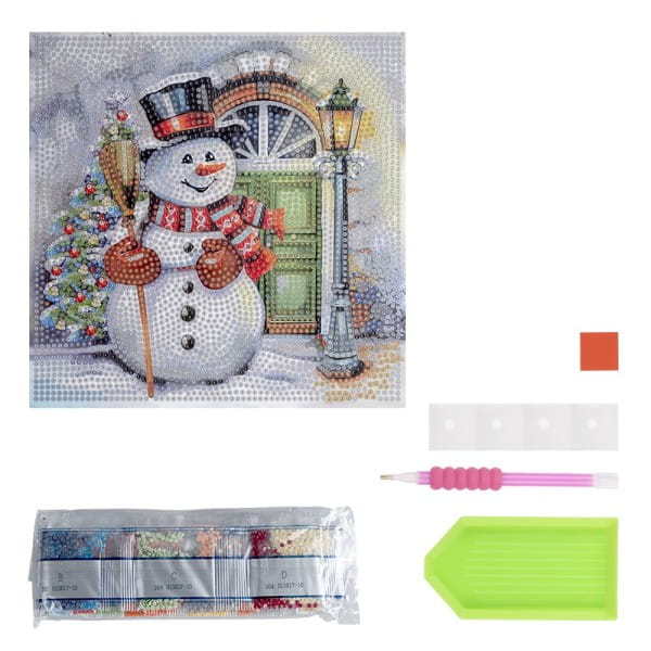 Diamond-Painting-Aufleger, Schneemann vor Haustür, 20cm x 20cm, 370g/m², inkl. Zubehör
