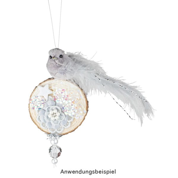 Plüsch-Federvögel, 15cm x 3,5cm x 3,5cm, grau mit silbernen Highlights, mit Clip, 3 Stück