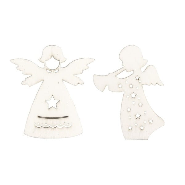Engel aus Holz, weiß, 2 Designs, 5,5cm x 6,1cm x 0,3cm & 5cm x 6,5cm x 0,3cm, 24 Stück