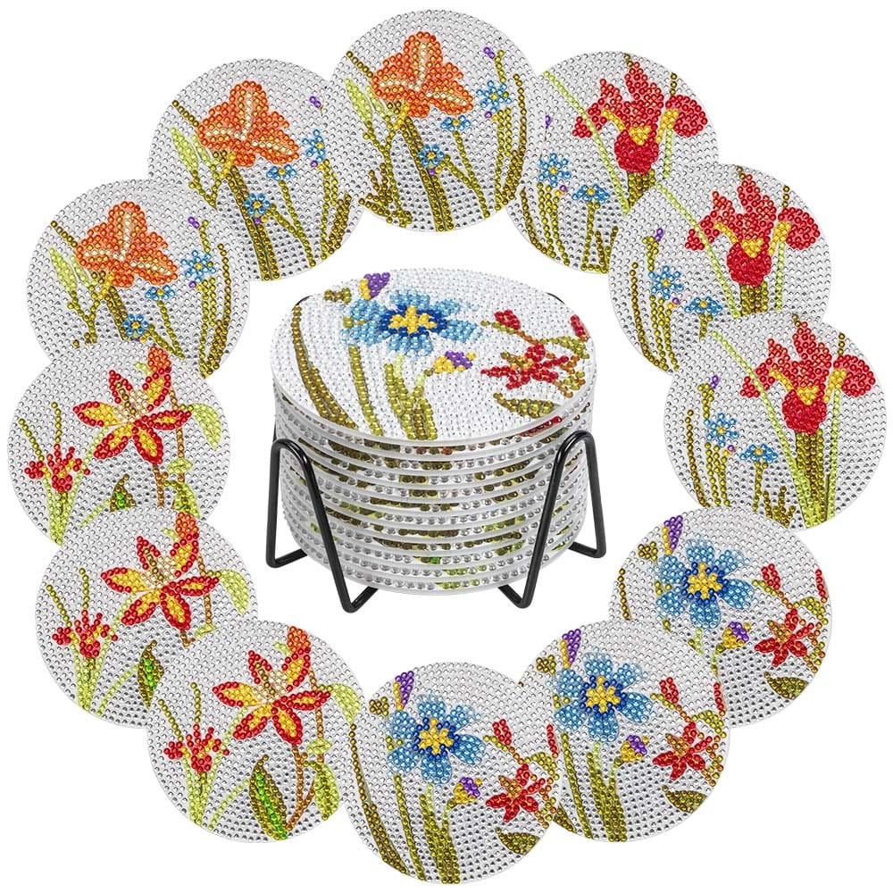 Diamond-Painting-Untersetzer, Blumen, inkl. Werkzeug & Zubehör, 12 Stück | Diamond-Painting-Untersetzer | Diamond Painting | Bastelbedarf