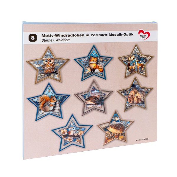 Motiv-Windradfolien, Perlmutt-Mosaik-Optik, Sterne, Waldtiere, 23,8cm x 24,9cm,, 8 Designs, 8 Stück