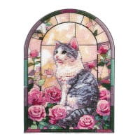 Diamond-Painting-Fensterbild, Glaskunst-Optik XL, Katze mit Rosen, 24,7cm x 35,6cm, 500µ