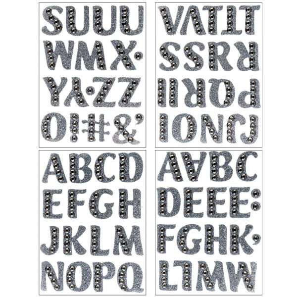 Glitzer-Sticker, Alphabet 2, 11cm x 15cm, anthrazit, mit Schmucksteinen, 4 Bogen