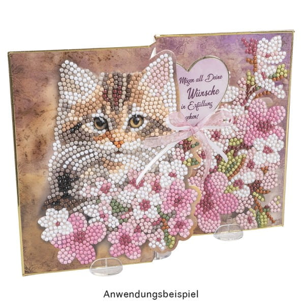 Diamond-Painting-Faltkarte zum Aufstellen, Katze mit Blumen 2, 370g/m², inkl. Umschlag & Werkzeug