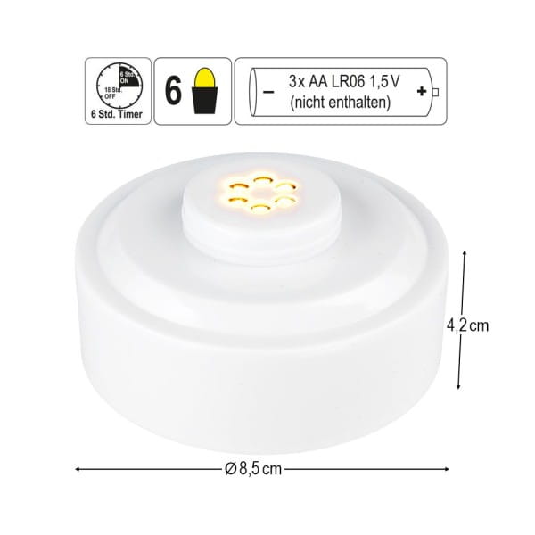 LED-Podest, rund, Ø 8,5cm, 4,2cm hoch, weiß, 6 LEDs, mit Farbwechsel, Timer- Funktion | Leucht-Deko | LED & Leucht-Deko | Deko- & Geschenkartikel