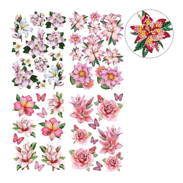 Diamond-Painting-Sticker, Elegante Blüten, DIN A4, 4 Bogen