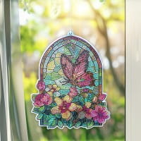 Diamond-Painting-Fensterbild, Glaskunst-Optik, Schmetterling mit Blüten, 20,1cm x 16,4cm