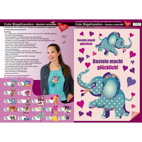 Color Bügeltransfers, DIN A4, Bastelspruch, Glücklicher Elefant