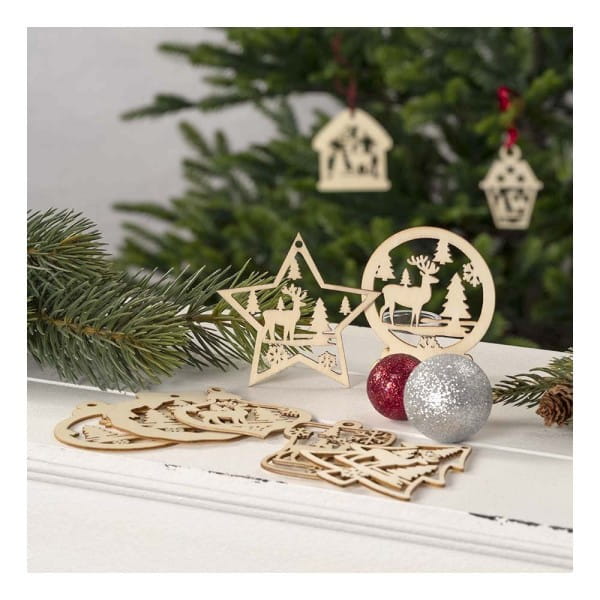 Holz-Deko, Winterszenen, 9 versch. Designs, je 7 Stück, flach, 1,7mm stark, natur, 63 Teile | Weihnachts-Deko | Basteln Weihnachten | Bastelbedarf für Anlässe