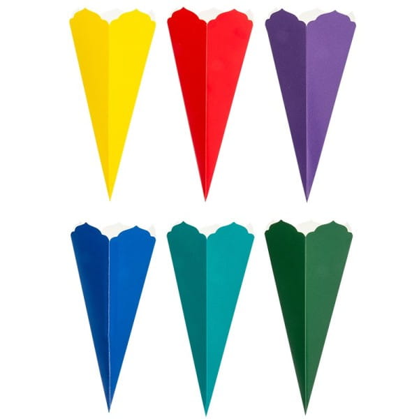 Schultüten, Zierkante, 23cm hoch, Ø 9,5cm, Deko-Karton, verschiedene Farben, 6 Stück