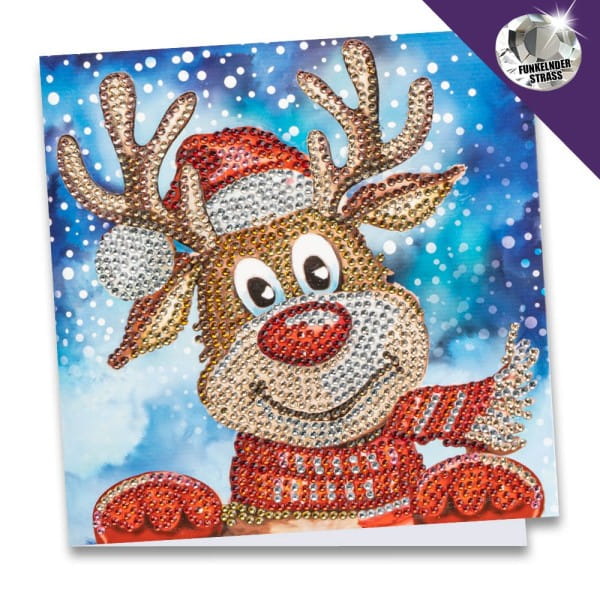 Diamond-Painting-Grußkarte, Strass, Rentier Rudolph, 16cm x 16cm, inkl. Zubehör
