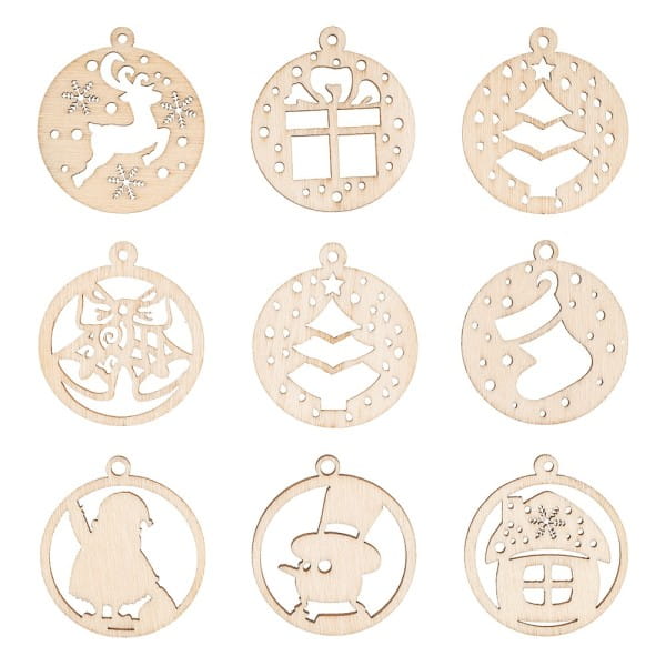 Streu-Deko, Holz, Baumschmuck, 8 Designs, 7x 7 Stück, 1x 14 Stück 1,6mm stark, natur, 63 Teile