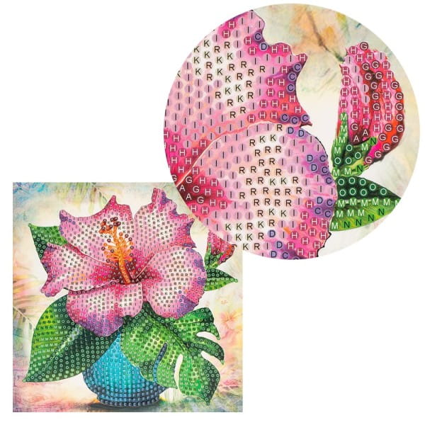 Diamond-Painting-Grußkarte, Strass, Hibiskus in Vase, 16cm x 16cm, inkl. Zubehör