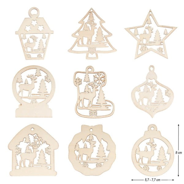 Holz-Deko, Winterszenen, 9 versch. Designs, je 7 Stück, flach, 1,7mm stark, natur, 63 Teile