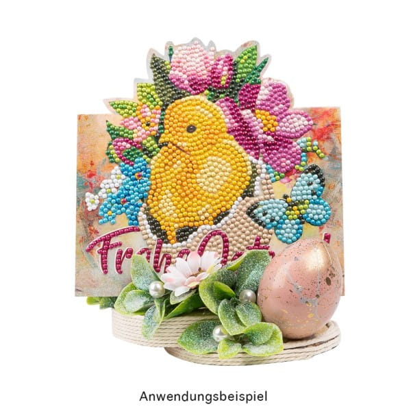 Diamond-Painting-Aufstellkarte, Küken mit Blumen, 16,3cm x 16cm, inkl. Zubehör