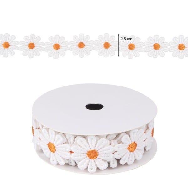 Stoffblüten-Band, Margeriten, orange, 2,5cm breit, 2m lang