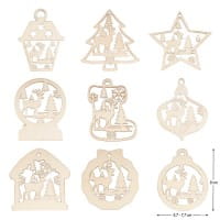 Holz-Deko, Winterszenen, 9 versch. Designs, je 7 Stück, flach, 1,7mm stark, natur, 63 Teile