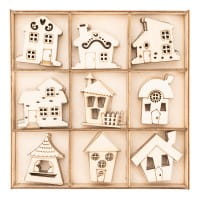 Streu-Deko, Holz, Wichtel-Häuser, 9 versch. Designs, je 7 Stück, 1,6mm stark, natur, 63 Teile