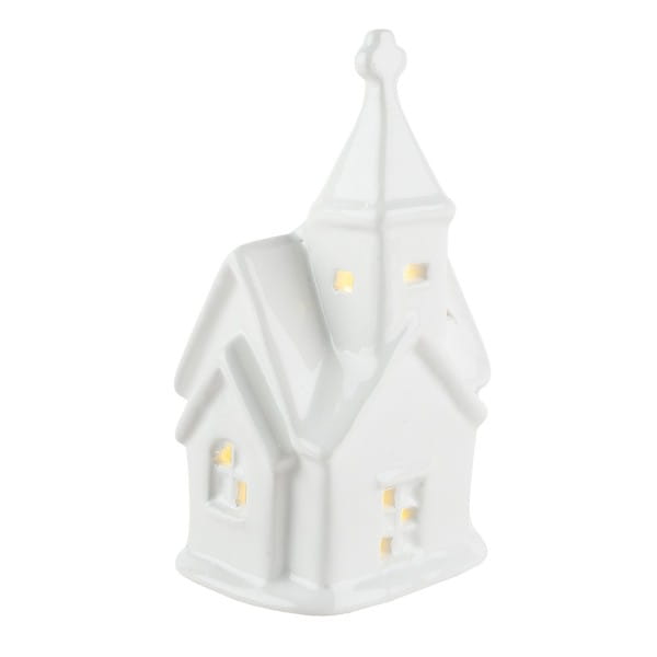 LED-Kirche, Porzellan, weiß, 12,5cm x 7cm x 5,2cm, 1 LED-Lämpchen warmweiß, inkl. 2 Knopfzellen