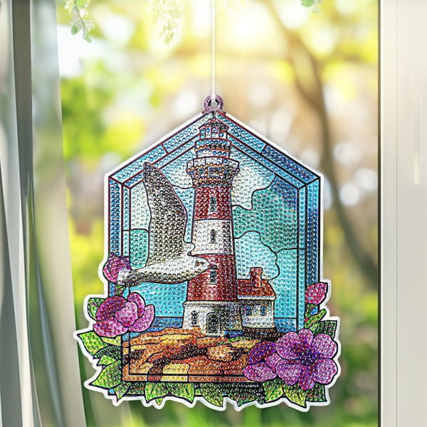 Diamond-Painting-Fensterbild, Glaskunst-Optik, Leuchtturm mit Möwe, 20cm x 17,1cm