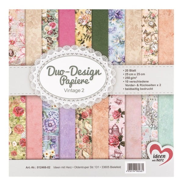 Duo-Design-Papiere, Vintage 2, beidseitig bedruckt, 25cm x 25cm, 250g/m², 20 Blatt