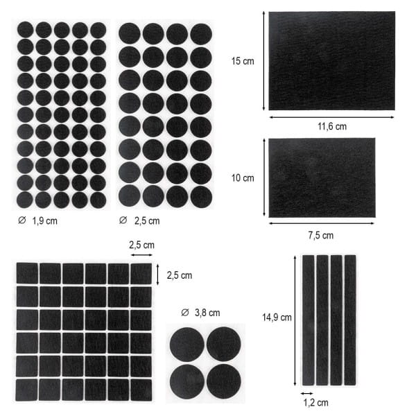 Filzgleiter Mix, 7 verschiedene Formen und Größen, 0,4cm stark, schwarz, selbstklebend, 133 Stück