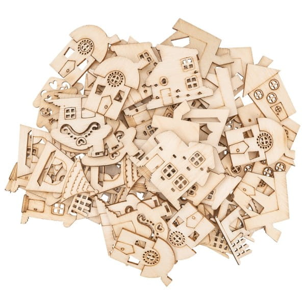 Streu-Deko, Holz, Wichtel-Häuser, 9 versch. Designs, je 7 Stück, 1,6mm stark, natur, 63 Teile