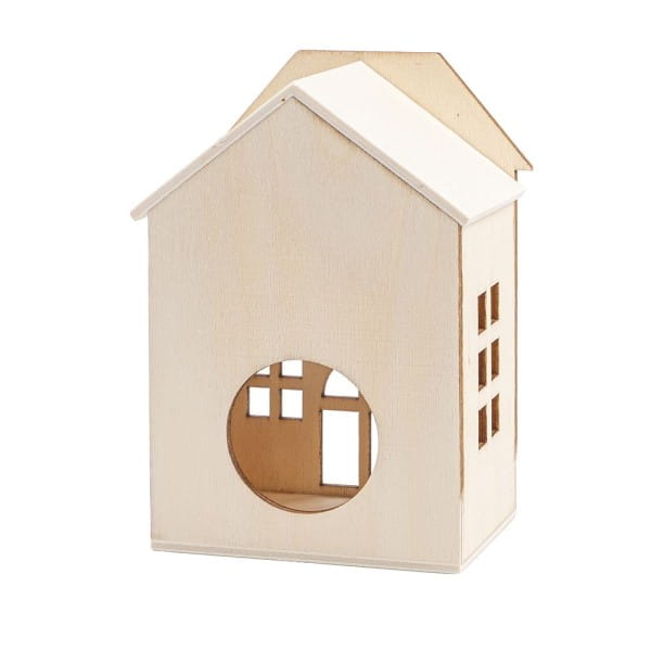 Häuser aus Holz, Sortierung 3, 4 verschiedene Größen und Designs, mit Öffnung, 4 Stück