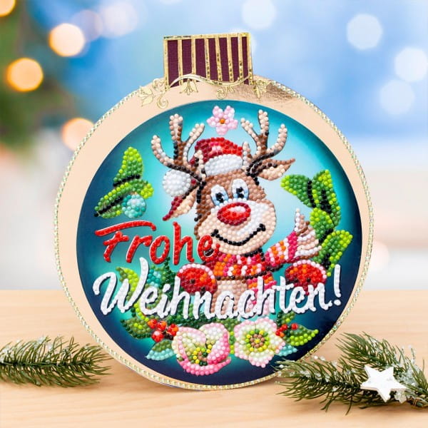 Diamond-Painting-Fensterbild, Rentier Rudolph - Frohe Weihnachten!, Ø18,3cm, inkl. Zubehör