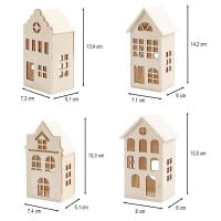 Häuser aus Holz, Sortierung 2, 4 Größen und Designs, mit Öffnung, 4 Stück