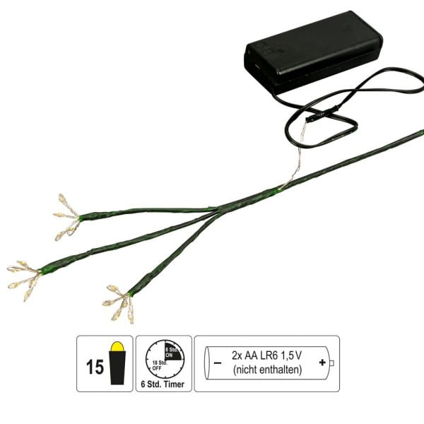 LED-Blumenstiel, mit 3 flexiblen Blütenstempeln, 25cm hoch, 15 LEDs in Warmweiß, mit Timer