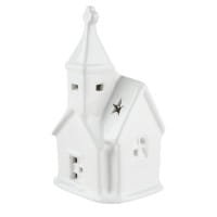 LED-Kirche, Porzellan, weiß, 12,5cm x 7cm x 5,2cm, 1 LED-Lämpchen warmweiß, inkl. 2 Knopfzellen
