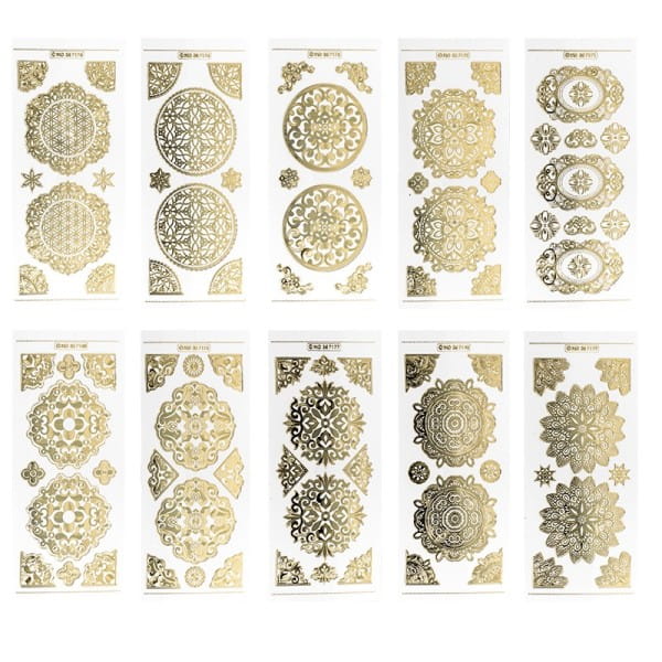 Gravur-Stickerbogen, Zier-Ornamente, 10cm x 23cm, transparent/gold