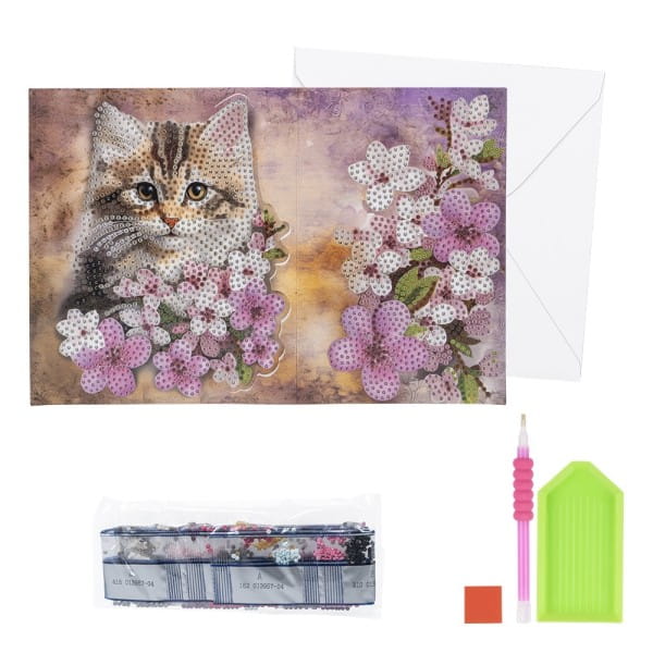 Diamond-Painting-Faltkarte zum Aufstellen, Katze mit Blumen 2, 370g/m², inkl. Umschlag & Werkzeug